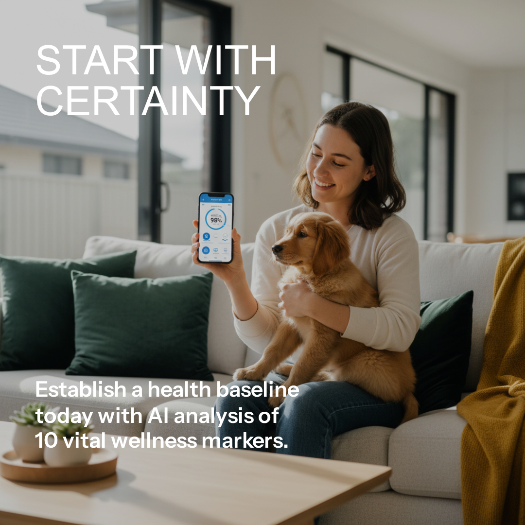 Woman holding a dog and using a smartphone app in a living room setting with text about AI health analysis.