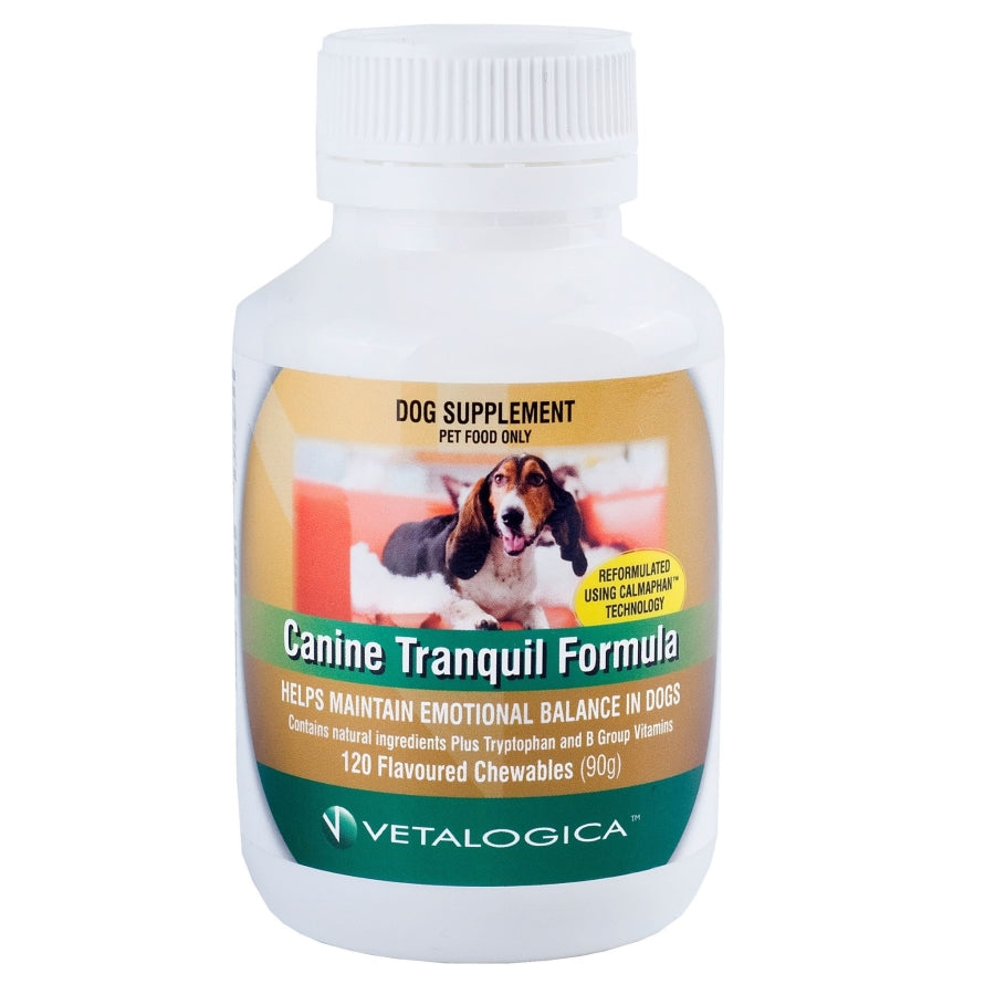 Dog supplement bottle labeled 'Canine Tranquil Formula' by Vetalogica on a white background