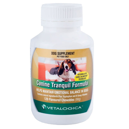 Dog supplement bottle labeled 'Canine Tranquil Formula' by Vetalogica on a white background