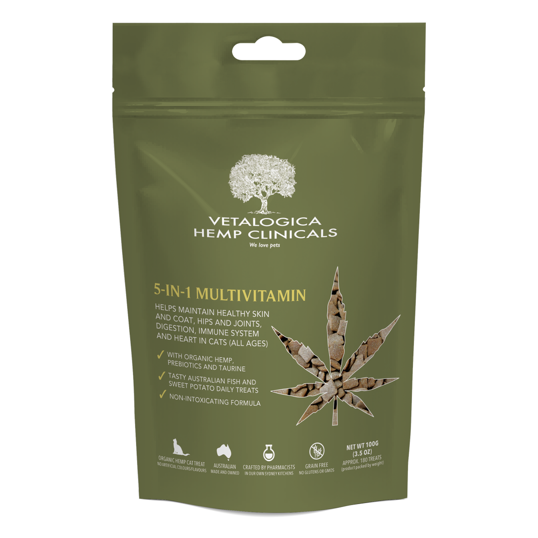 Vetalogica Hemp Clinicals 5-in-1 Multivitamin package on a white background