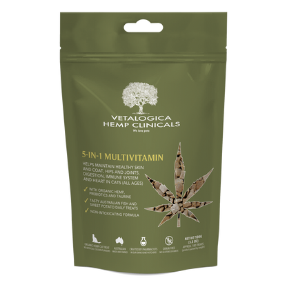 Vetalogica Hemp Clinicals 5-in-1 Multivitamin package on a white background