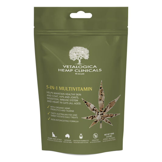 Vetalogica Hemp Clinicals 5-in-1 Multivitamin package on a white background