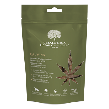 Vetlogica Hemp Clinicals calming product packaging on a white background