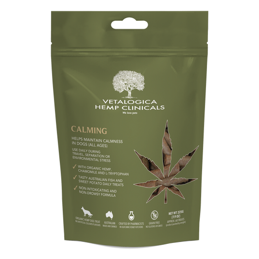 Vetlogica Hemp Clinicals calming product packaging on a white background