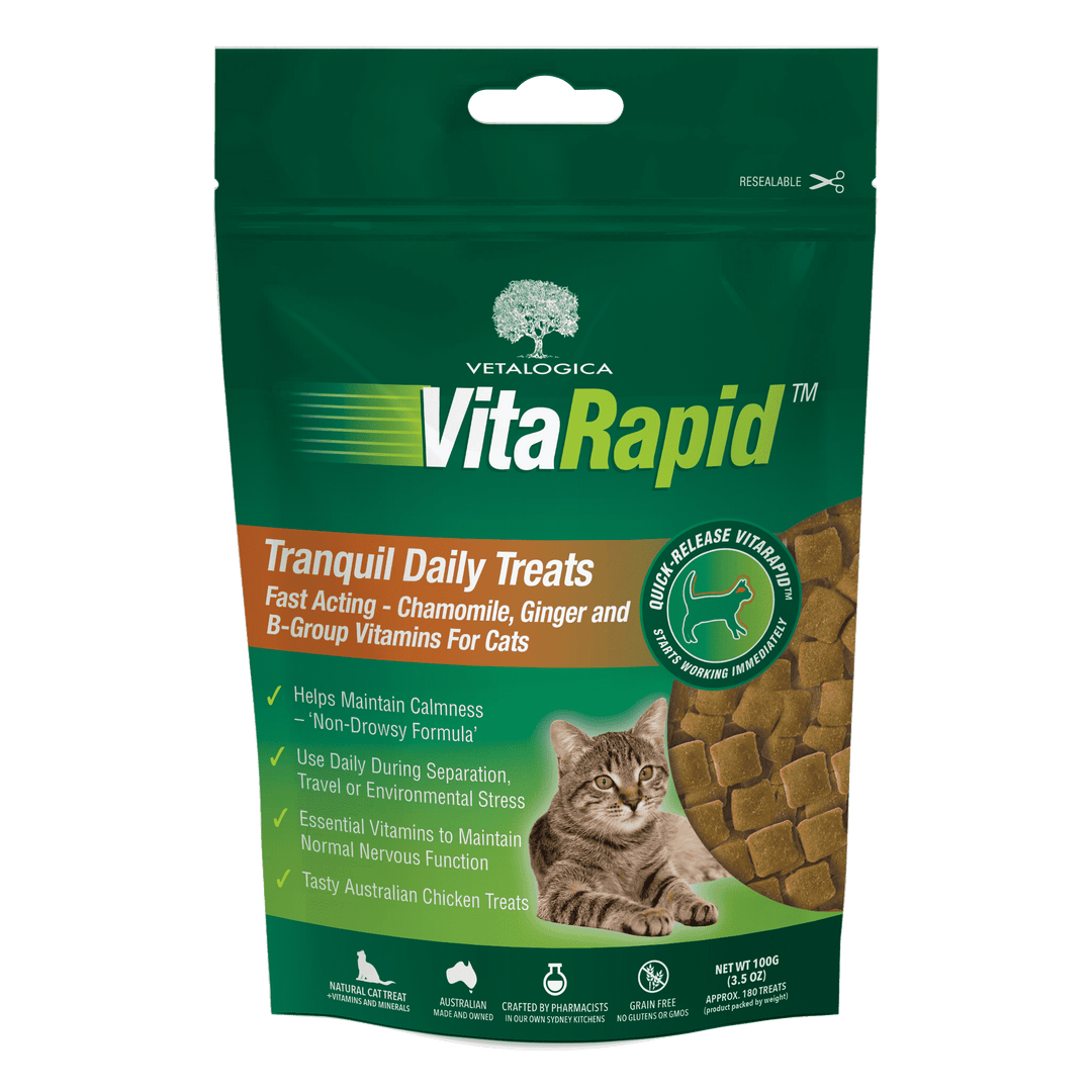VitaRapid Tranquil Daily Treats packaging for cats with a green background