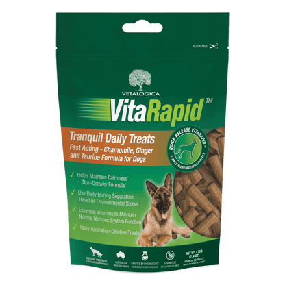 Vita Rapid Tranquil Daily Treats packaging for dogs on a green background