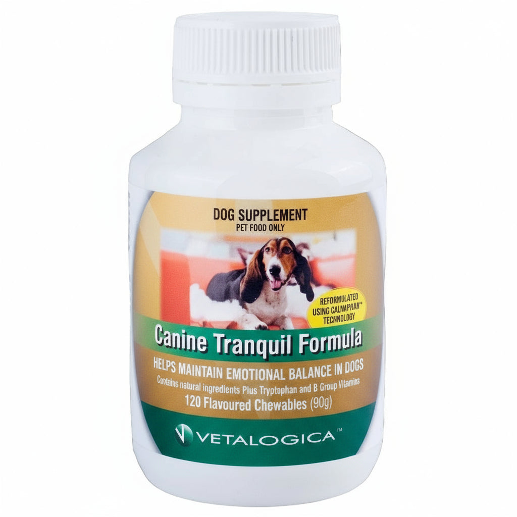 Dog supplement bottle labeled 'Canine Tranquil Formula' by Vetalogica on a white background