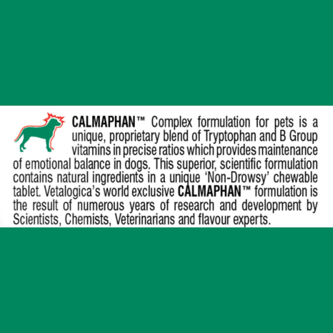 Text about CALMAPHAN for pets on a green background