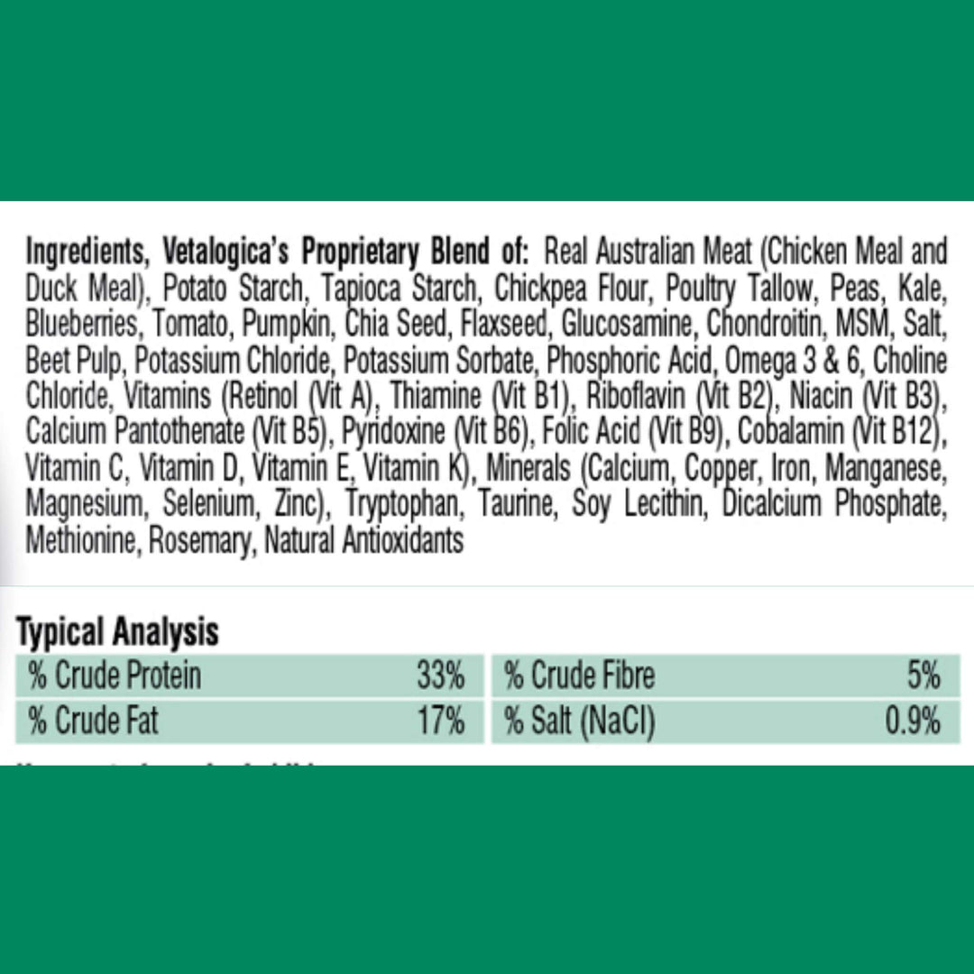 Ingredients and typical analysis label for a pet food product on a green background