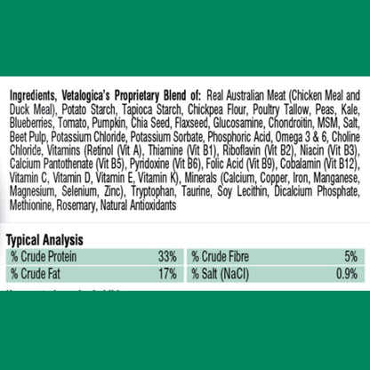 Ingredients and typical analysis label for a pet food product on a green background