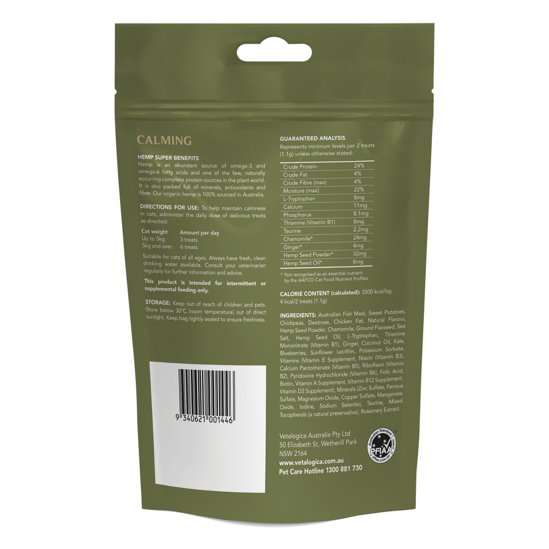 Back view of a green pet product packaging with text and a barcode on a white background