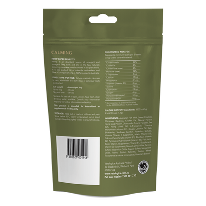 Back view of a green pet product packaging with text and a barcode on a white background