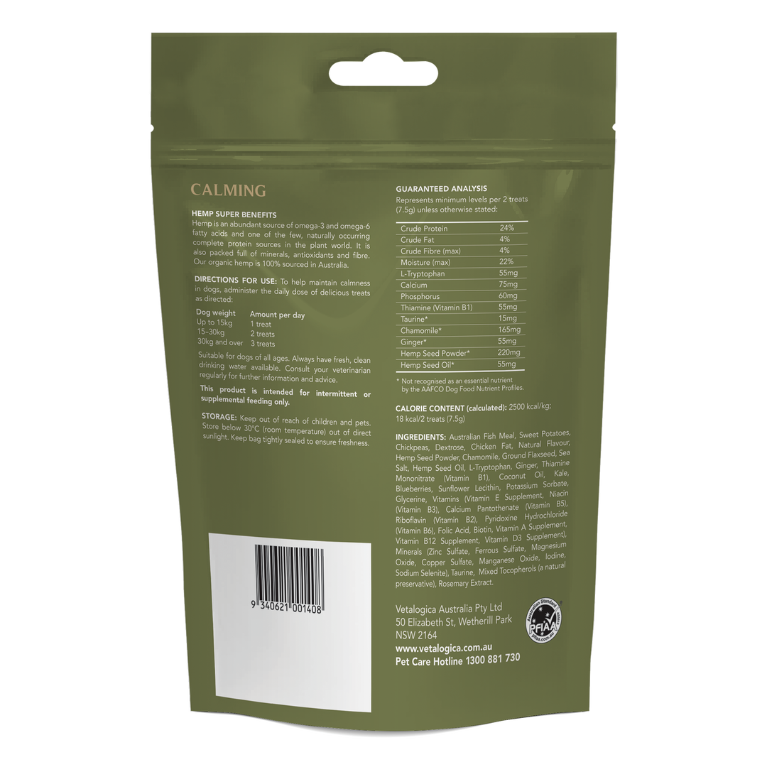 Back view of a green pet supplement package with text and a barcode on a white background