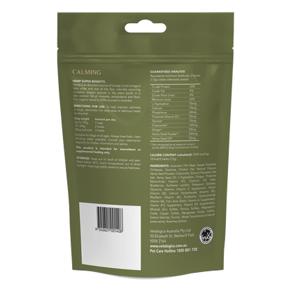 Back view of a green pet supplement package with text and a barcode on a white background