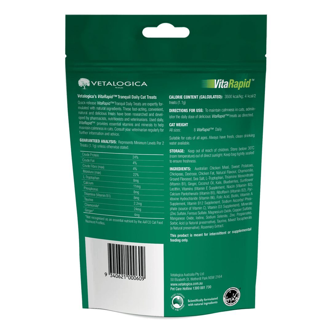 Vetalogica VitaRapid cat food packaging with text and branding on a green background