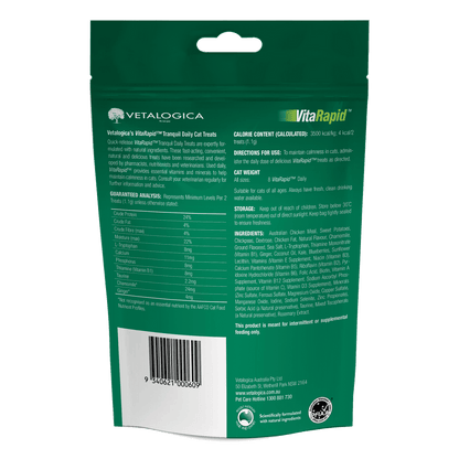 Vetalogica VitaRapid cat food packaging with text and branding on a green background