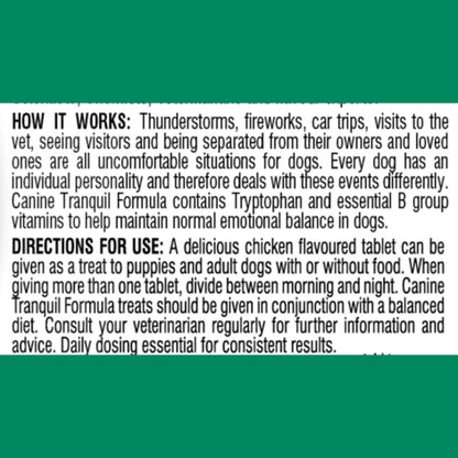 Text describing the effects of Canine Tranquil Formula on dogs and its usage instructions.