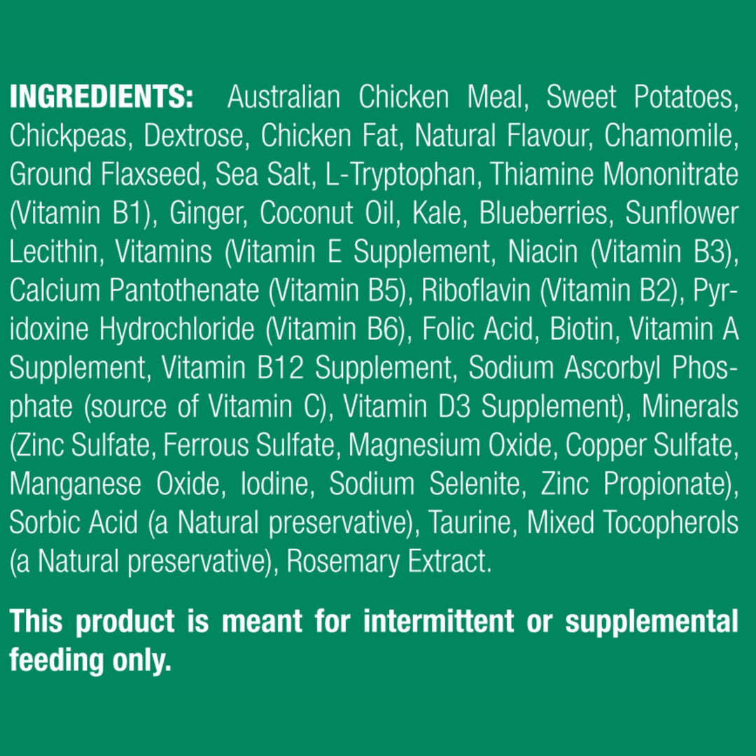 List of ingredients for a pet food product on a green background