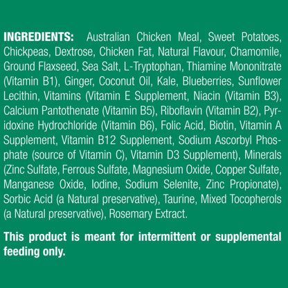 List of ingredients for a pet food product on a green background