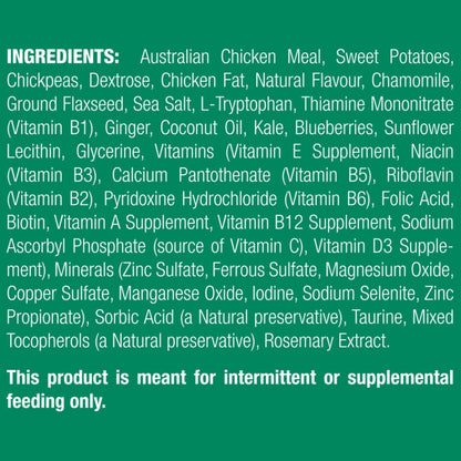 List of ingredients for a pet food product on a green background