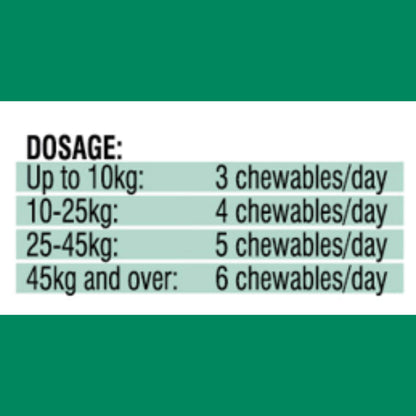 Dosage chart for chewable products with weight ranges and corresponding chewable counts per day.