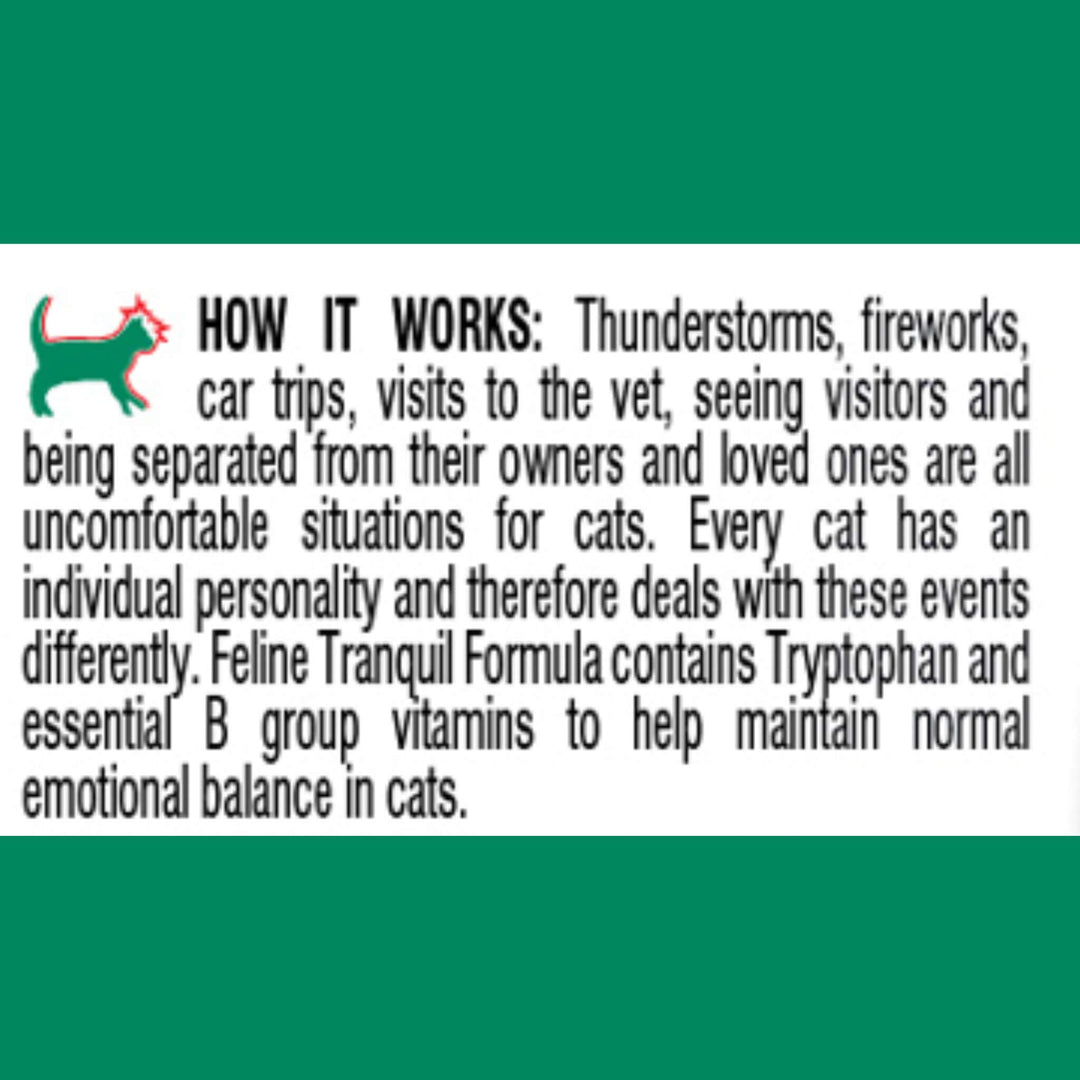 Text describing the effects of thunderstorms, fireworks, and other stressors on cats and the use of Feline Tranquil Formula.
