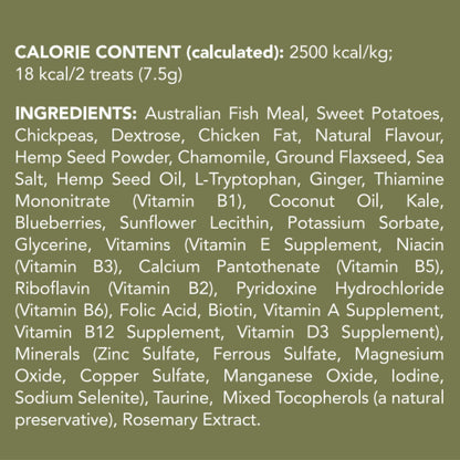 Nutritional label with calorie content and ingredient list on a green background