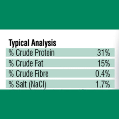 Nutritional analysis chart with percentages of crude protein, crude fat, crude fiber, and salt on a green background.