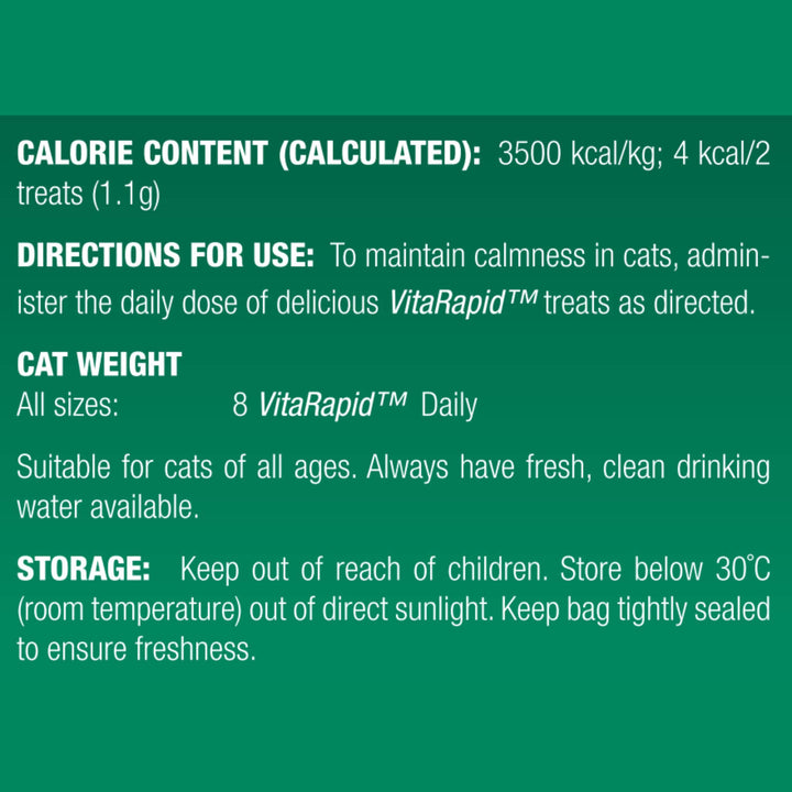 VitaRapid cat treat label with calorie content, usage directions, and storage information on a green background.
