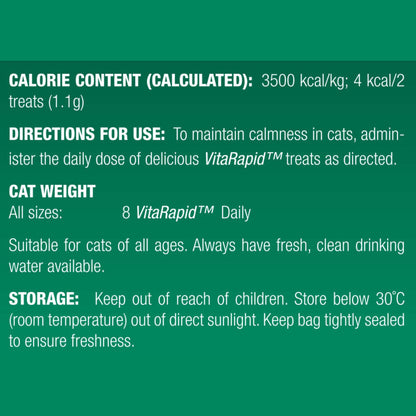VitaRapid cat treat label with calorie content, usage directions, and storage information on a green background.