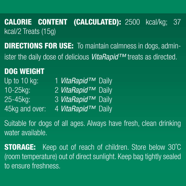 VitaRapid dog treat packaging with calorie content, usage directions, and storage information on a green background.