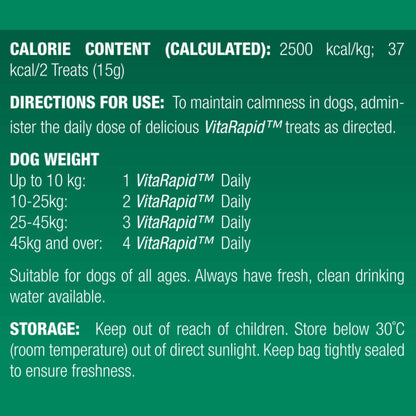 VitaRapid dog treat packaging with calorie content, usage directions, and storage information on a green background.