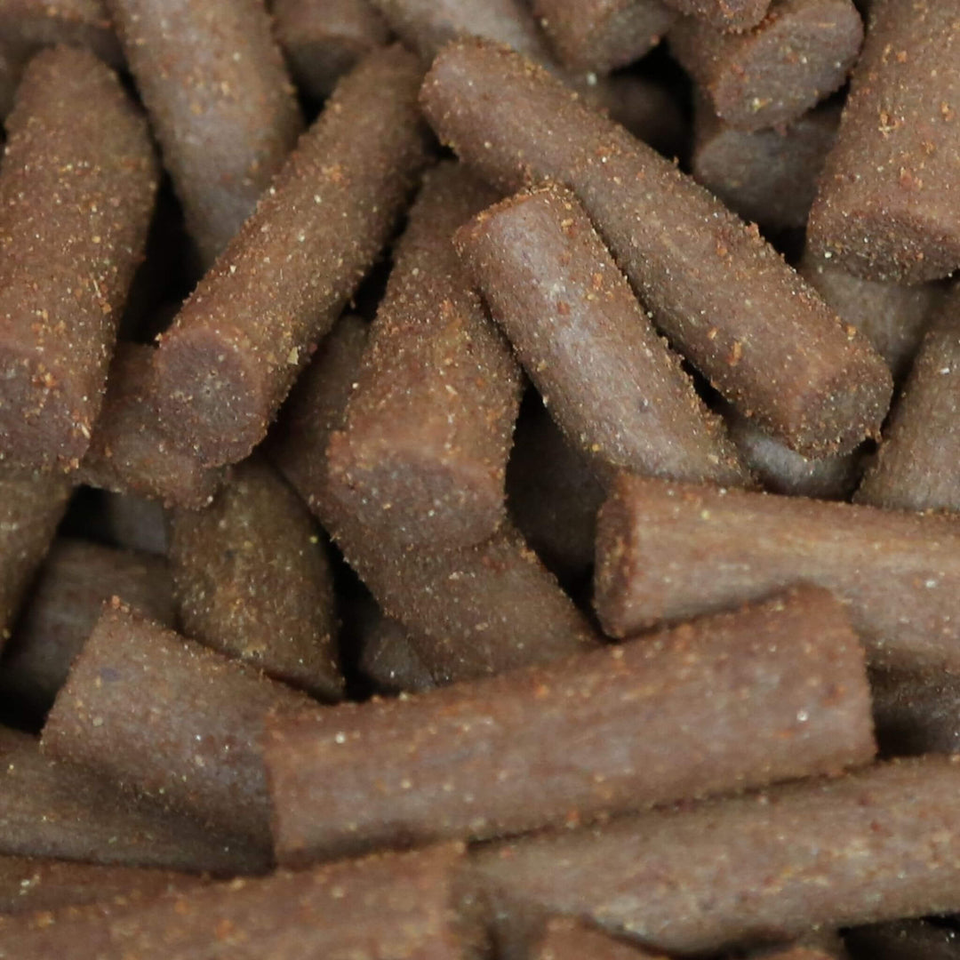 Close-up of brown cylindrical dog food pellets.
