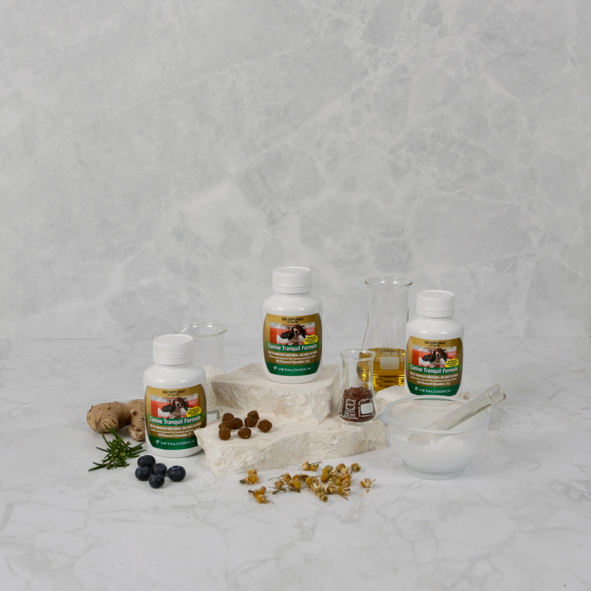 Herbal products with bottles and ingredients on a textured gray background