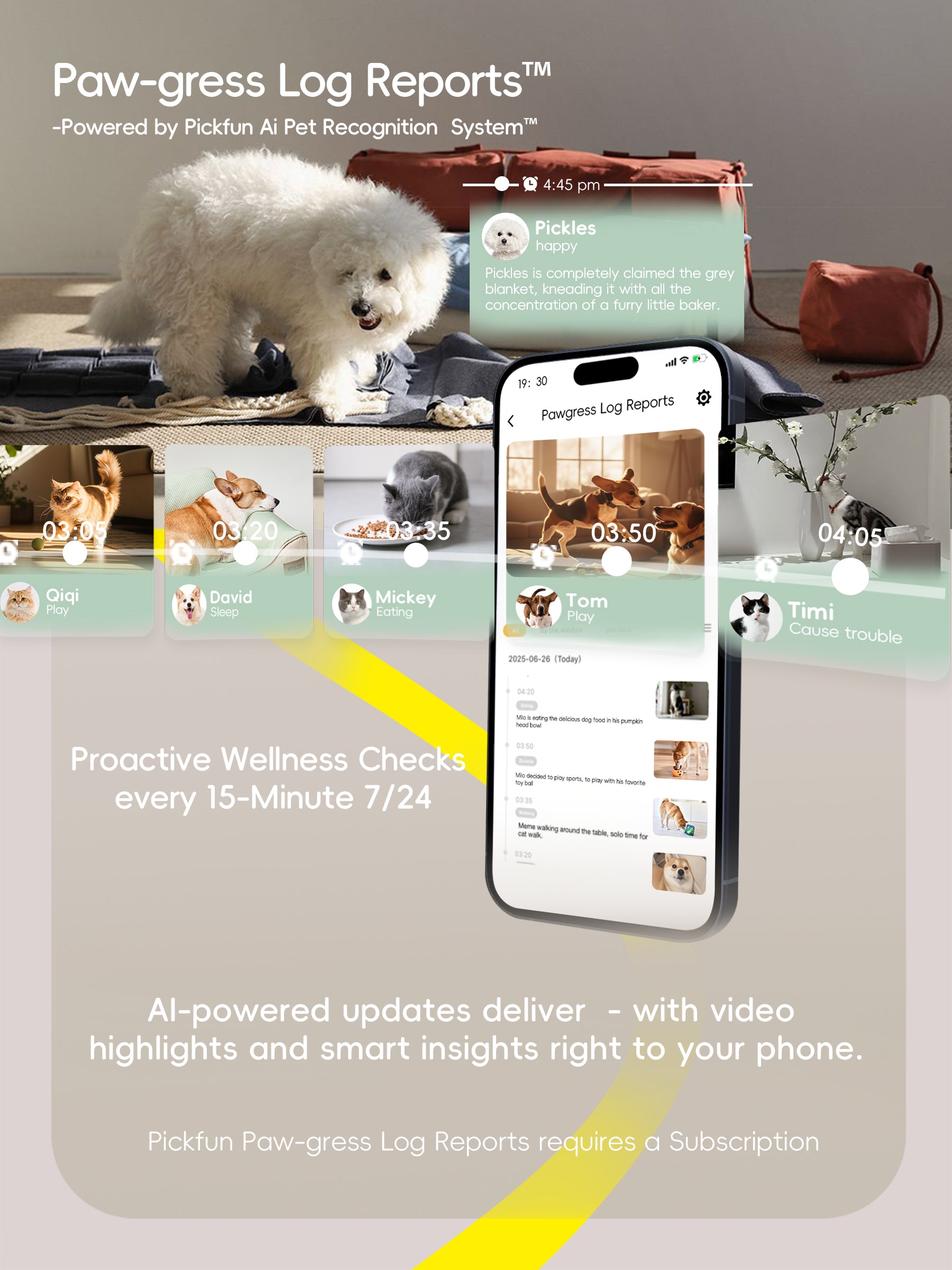 Advertisement for Paw-gress Log Reports with a dog and smartphone displaying app interface.