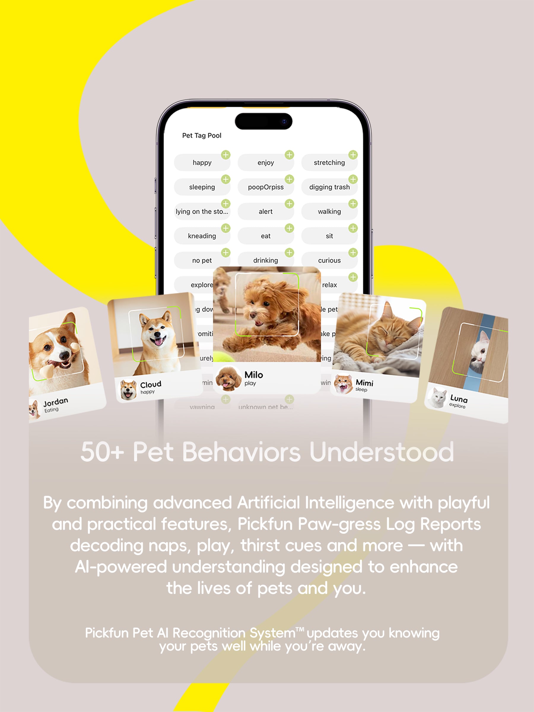 Smartphone displaying a pet behavior tracking app with images of dogs and cats, and text about pet behaviors.