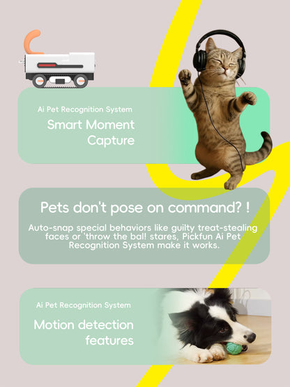 Pickfun A3 Promotional graphic for an AI Pet Recognition System with a cat and dog on a light gray background.