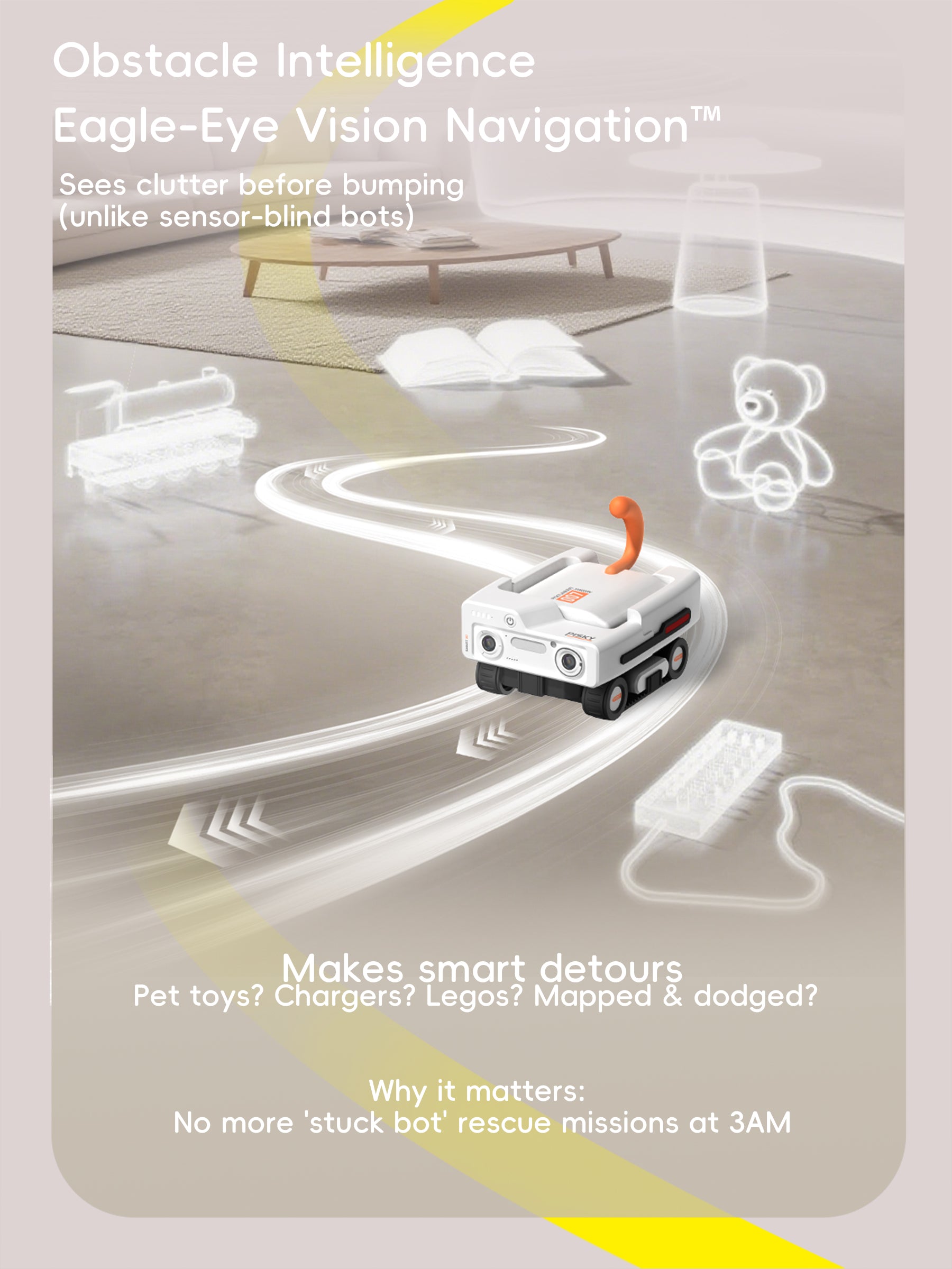 PickFun A3 Robotic device with 'Obstacle Intelligence' and 'Eagle-Eye Vision Navigation' features on a gray background.