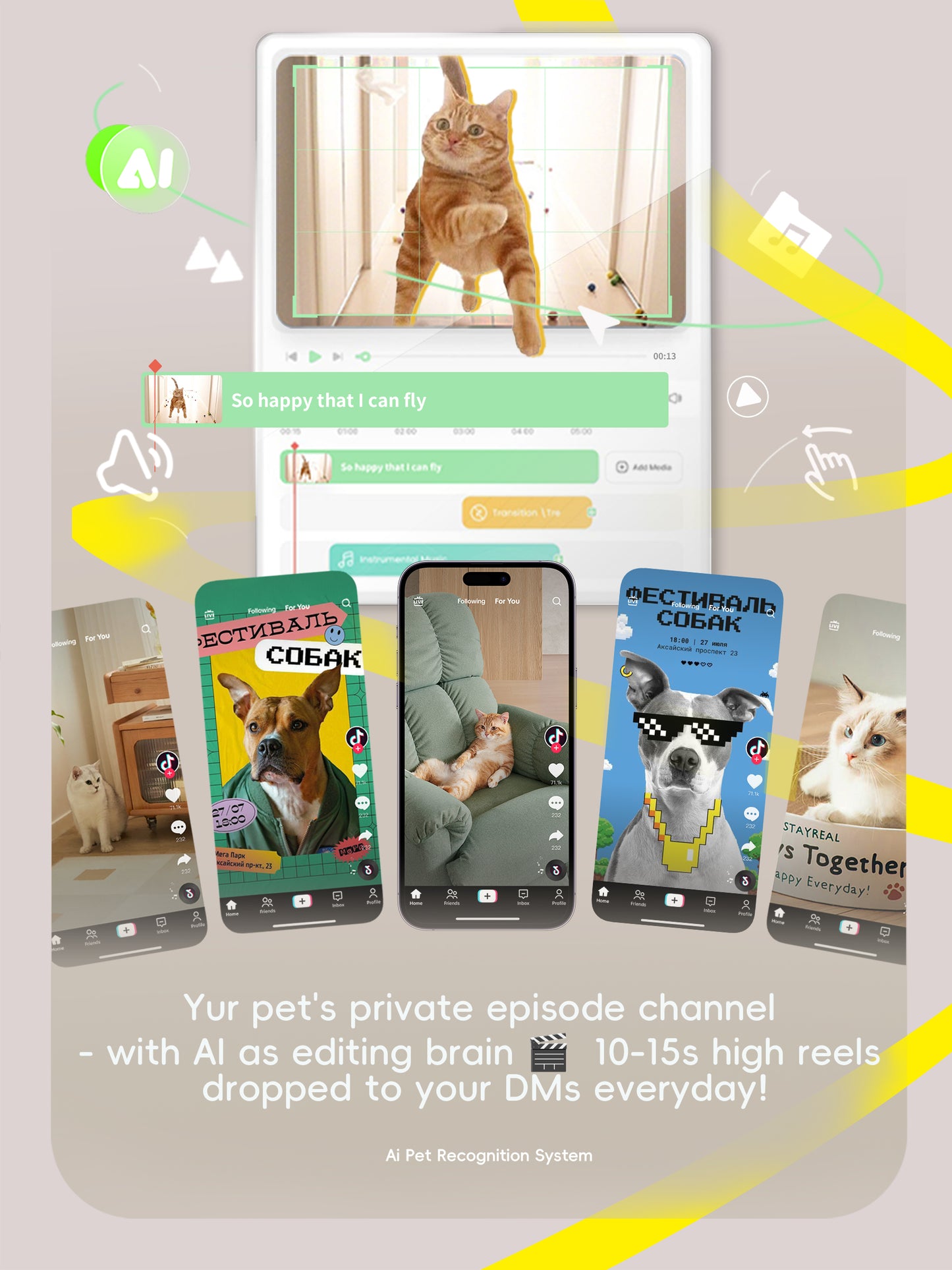 Pet recognition system app with images of cats and dogs, and text about personalized episode channels.