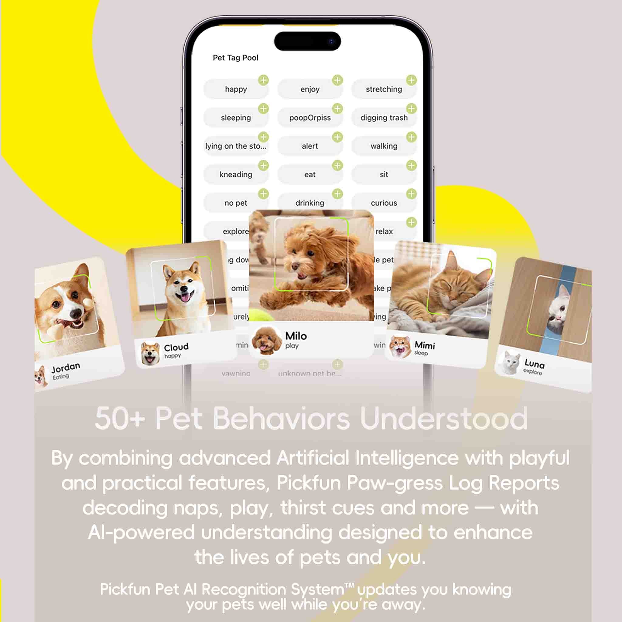 Smartphone displaying pet behavior tracking app with images of dogs and cats, and text about pet behaviors.