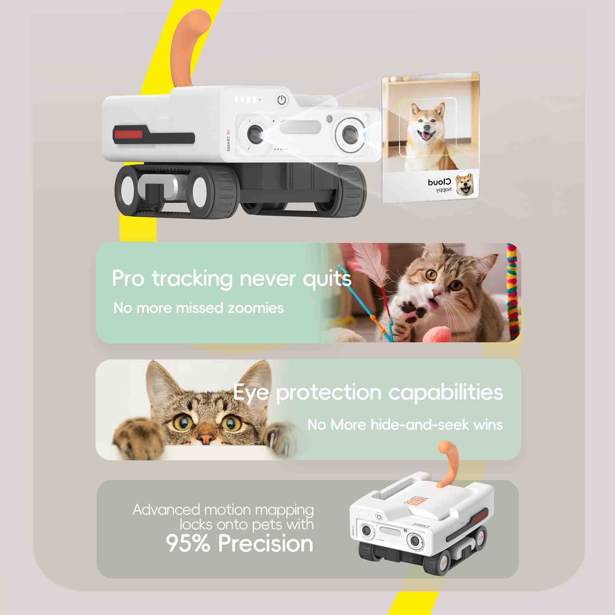 Pet tracking device with features highlighted on a light gray background
