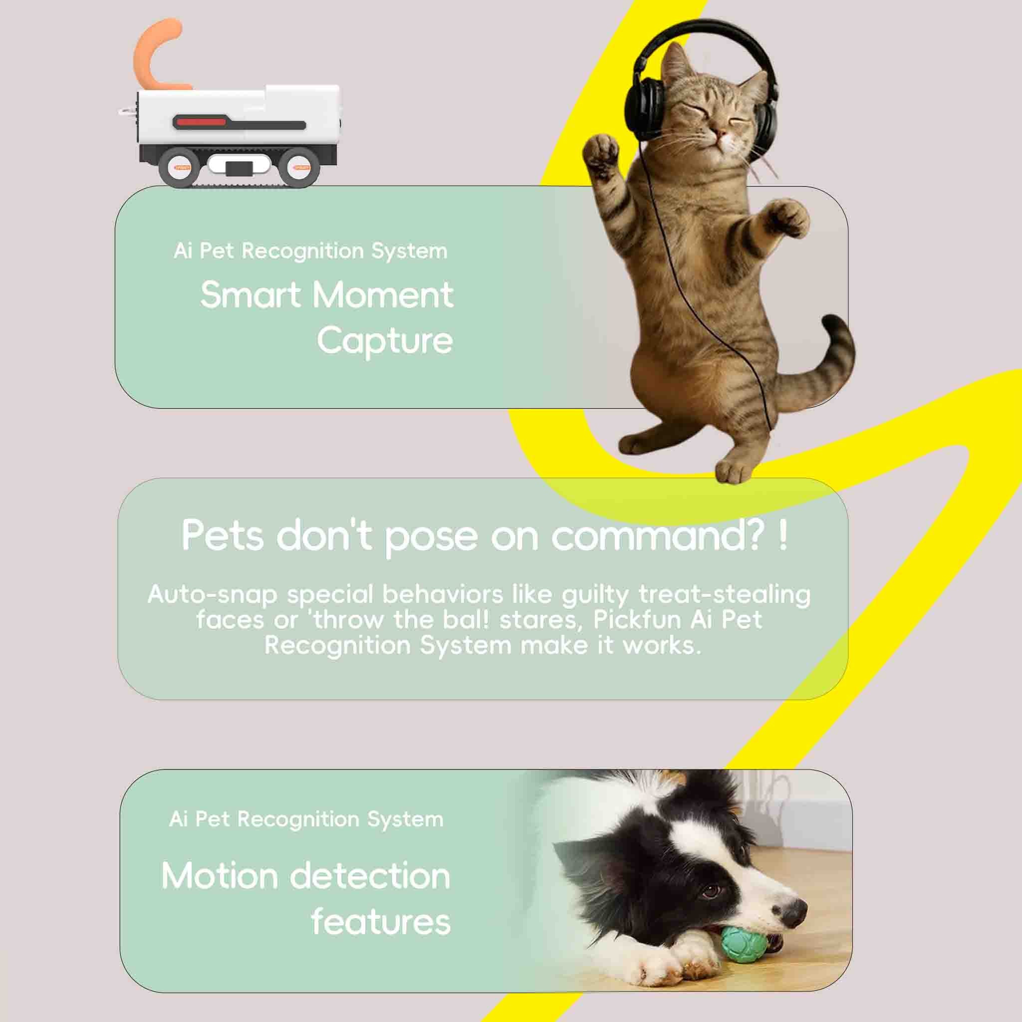 Promotional graphic for a smart pet recognition system with a cat and dog on a light gray background.