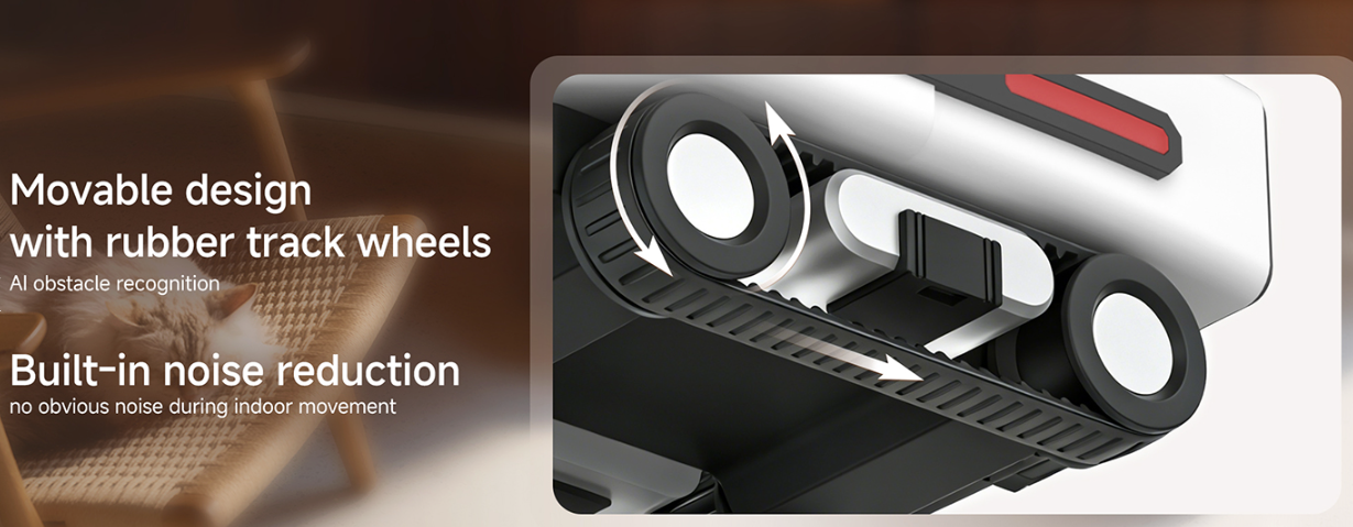 Movable design with rubber track wheels and built-in noise reduction feature on a blurred background.