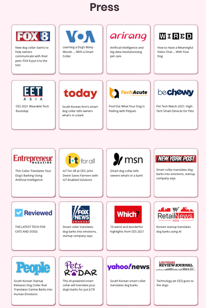 Grid of press coverage logos for various media outlets on a white background