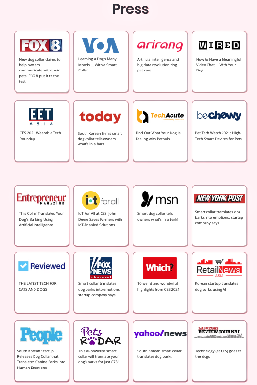Grid of press coverage logos for various media outlets on a white background