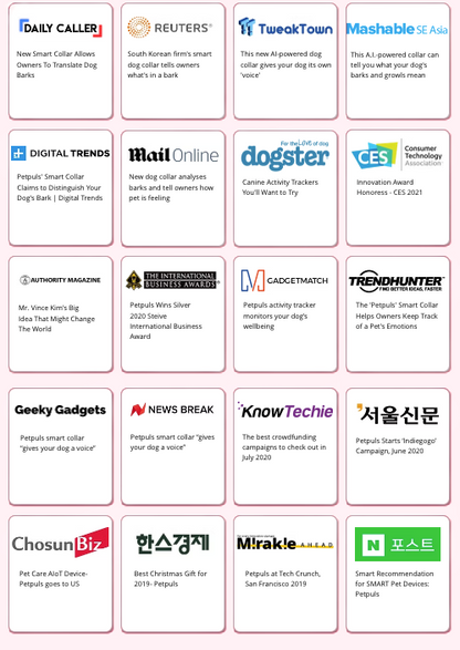 Grid of news article snippets about a pet product, featuring various headlines and logos.