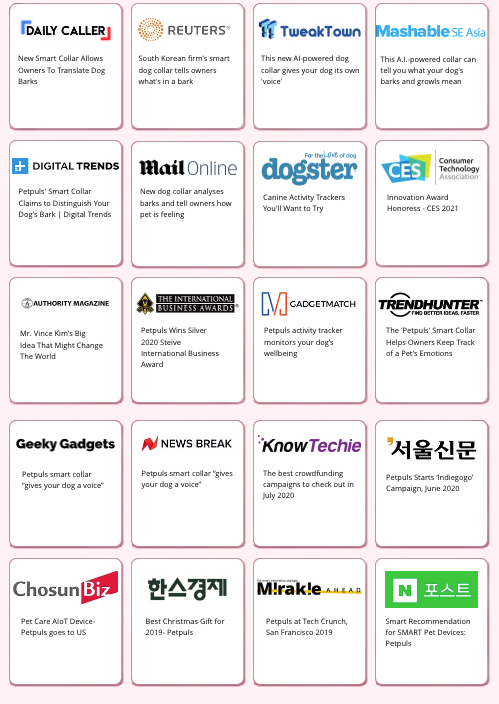 Grid of news article snippets about a pet product, featuring various headlines and logos.