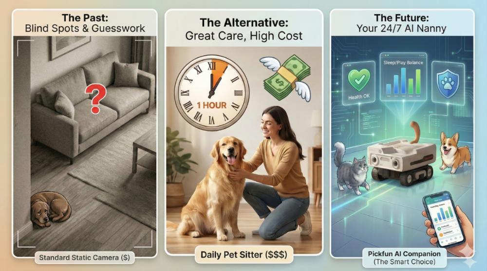 Three panels showing a comparison of traditional pet care methods with modern solutions.