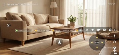 PickFun mobile application. Communicating in Dogs and Cat language. Beige sofa in a living room with wooden coffee table and large windows.