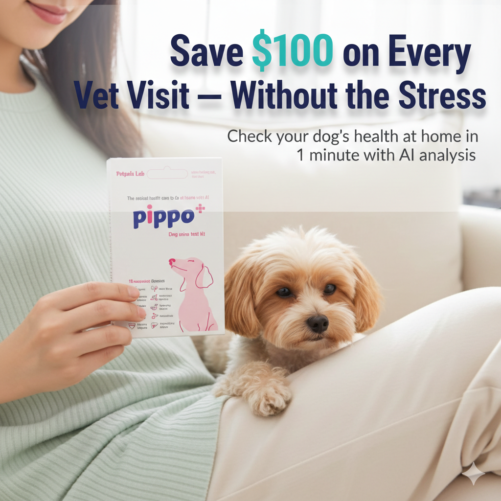 Person holding a Pippo pet health test kit with a dog on their lap, promotional text about saving money on vet visits.